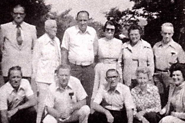 Kneeling- Grady Higdon, Sam Higdon, Arnold Higdon, Ethel Byce, and Jo Ann Smith Standing- Charles E. Higdon, Edd Higdon, Delmar Higdon and wife, Ruby Higdon Lord and husband