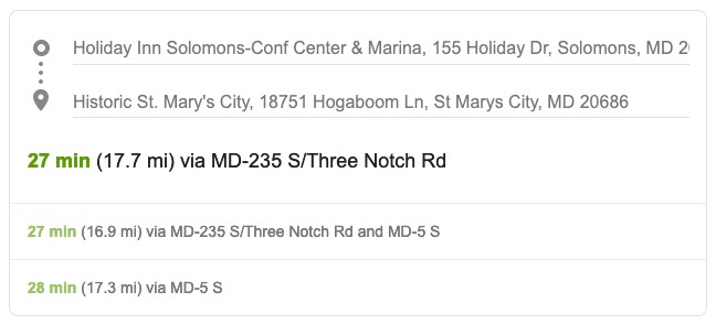 The Holiday Inn Solomons Conf Center & Marina to Historic St. Mary's City, MD.STATS